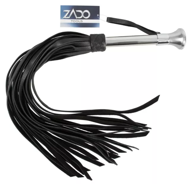 Zado Leather Flogger - Grande Frusta in Cuoio Nero Liscio con Manico in Accaio 2