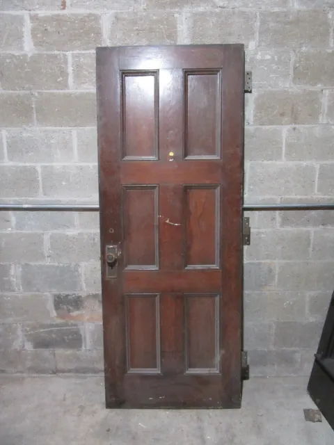~ ANTIQUE OAK 6 PANEL DOOR WITH HARDWARE M ~ 31.5 x 81.25 ARCHITECTURAL SALVAGE