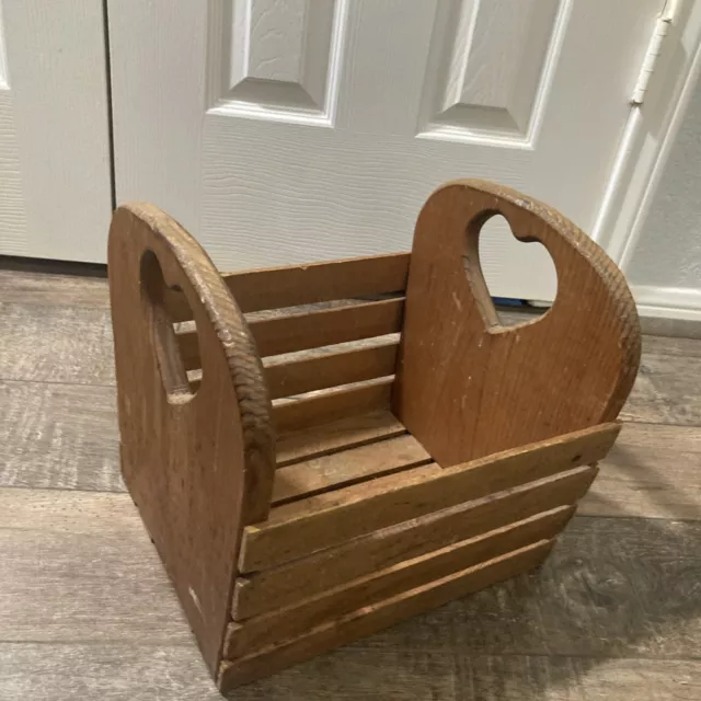 Vintage Square All Wood Magazine Rack with Heart Cutouts *Read*