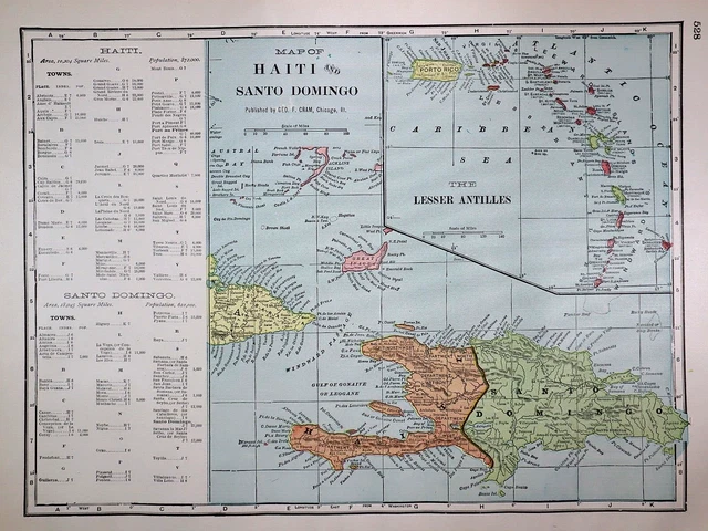 Old 1902 Cram Atlas Maps ~ HAITI - SANTO DOMINGO ~ (LG13x18) #1376