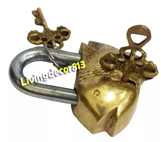 Brass Design Fish For Door Lock Handmade Brass Lock Collectible With 2 Keys