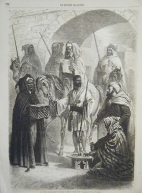 19th LE KODJA TAX COLLECTOR WOOD ENGRAVING IN MOROCCO
