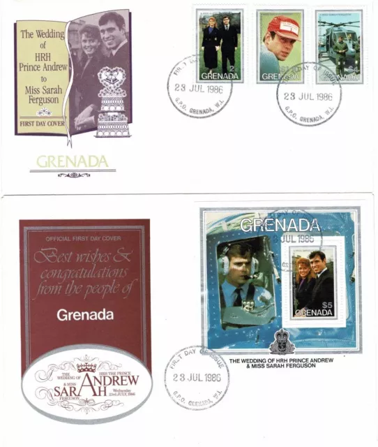 GRENADA 1986 ROYAL WEDDING PRINCE ANDREW SET 3 & MINISHEET 2 x FIRST DAY COVERS