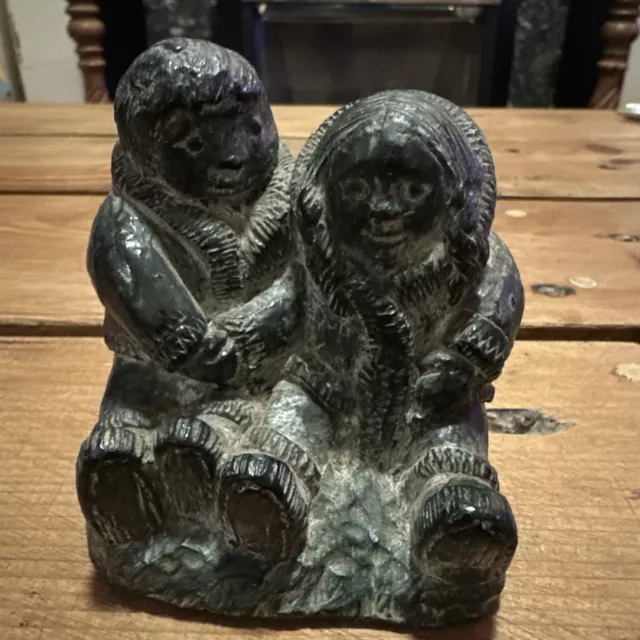 A Wolf Original Statue : Inuit Couple , Handmade Canada Soapstone