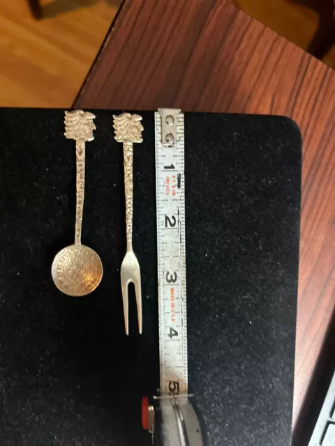 Antique Sterling Silver Aztec Miniature Fork & Spoon W/Calendar Bowl Hallmarked