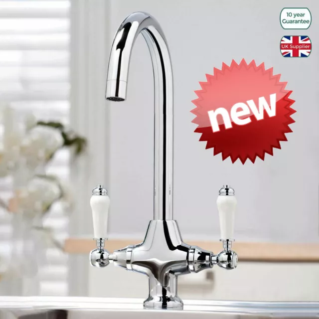 Traditional Swivel Twin Lever Kitchen Sink Mixer Taps Chrome Monobloc Basin Tap