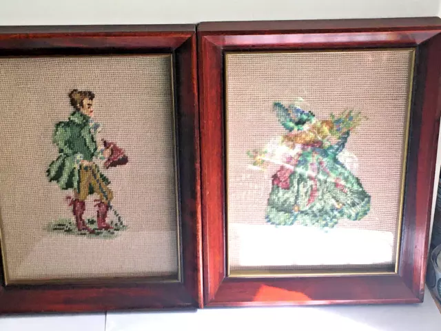 French Couple Petit Point Needlepoint Pictues  7" By 9" Clean