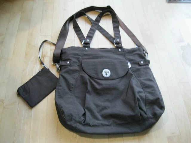 Baggallini Top Zip Turnlock Nylon Crossbody Travel Tote Bag Brown With Zip Pouch
