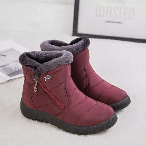 Womens Ladies Fur Lined Winter Warm Snow Ankle Boots Waterproof Flat Shoes Size