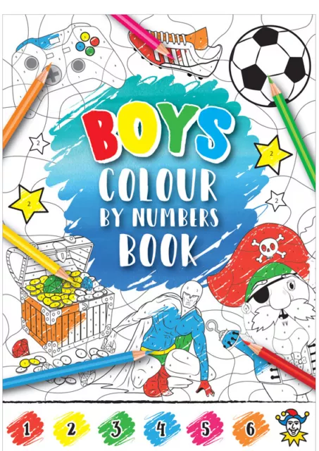 2 BOYS COLOUR BY NUMBERS BOOKS - COLOURING - football,pirates,gaming,superheroes