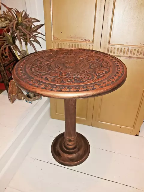 Indian Hand Carved Mango Wood Table In Distressed Copper/Bronze Finish