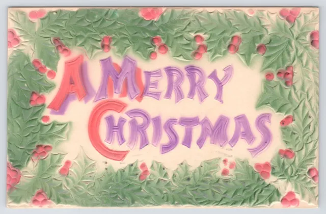 Large Letter A Merry Christmas In Holly Berry Wreath~Airbrushed~Emb~1909 PC