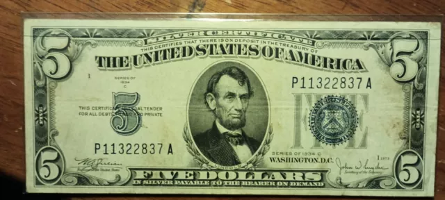 1934 C $5 Silver Certificate Blue Seal  Circulated VG VERY GOOD NOTE BILL
