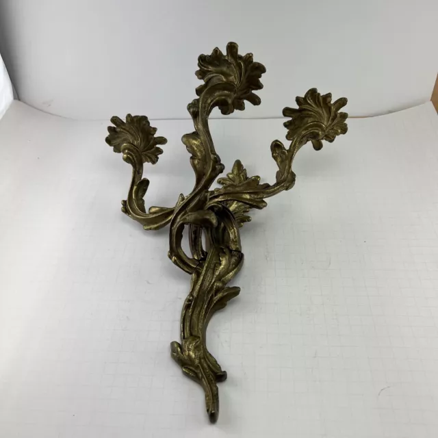 Vintage Heavy Brass Ornate French Scrolling Art Nouveau 3 Arm Wall Candle Scone