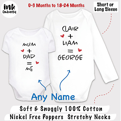Mum+Dad=Me ANY NAME PERSONALISED BABY Grow Vest Bodysuit SHOWER BIRTHDAY GIFT