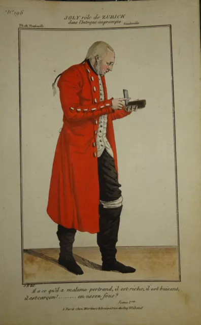 Belle Gravure Couleur Portrait Costume Theatre Homme Mode Comedie 1820