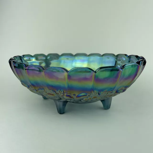 Vintage Indiana Glass Iridescent Blue Harvest Grape Oblong Footed Serving Bowl