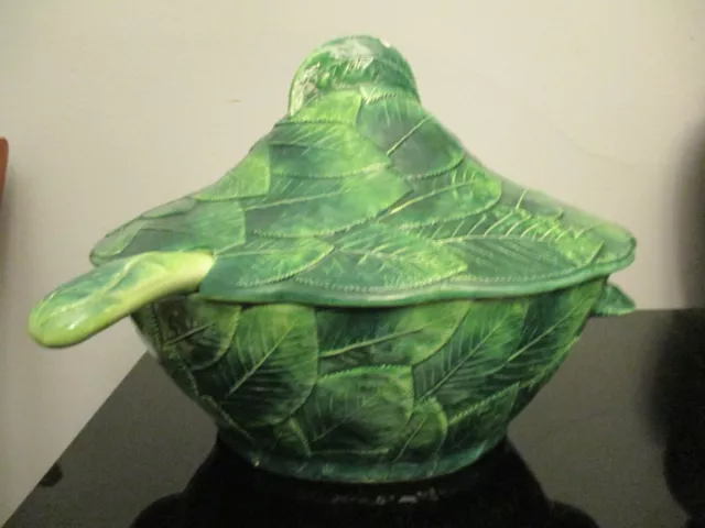 Vintage Majolica Art Pottery Green Leaf Leonardo Ceramiche Soup Tureen Ladle!