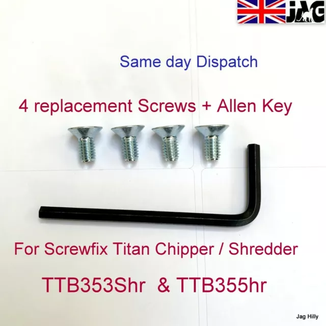 4 Screws + Allen key for Screwfix Titan Garden Chipper blades TTB353Shr/TTB355hr