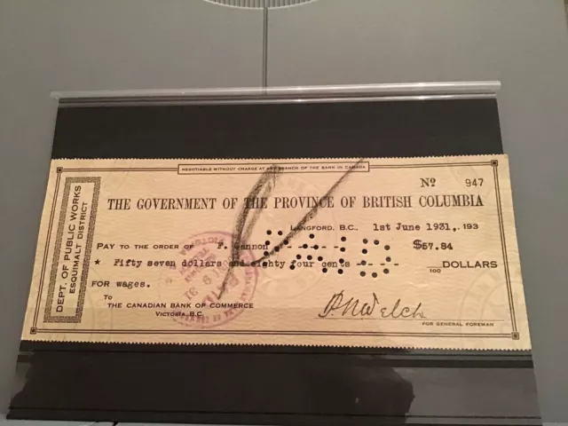 British Columbia 1931 Stamped pay cheque R23167