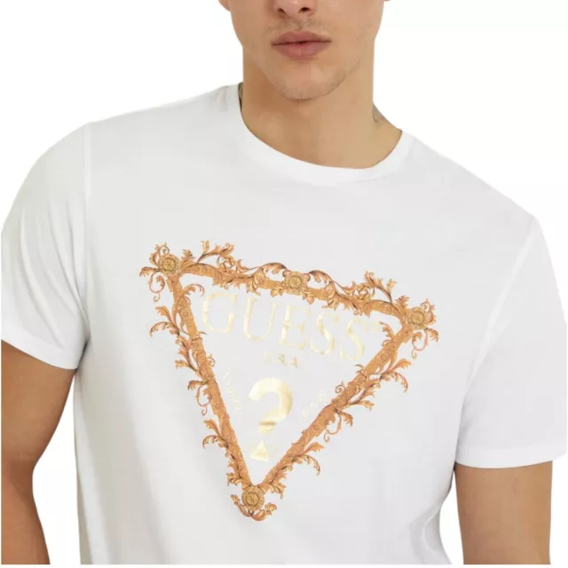 Guess Homme T-Shirt Blanc T-Shirt avec Logo Triangle Or M4RI62 K9RM1 3