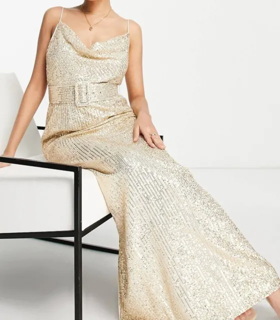 NEW - ASOS Cami embellished maxi dress with belt in gold, sizes 8/10/12/14/16/18