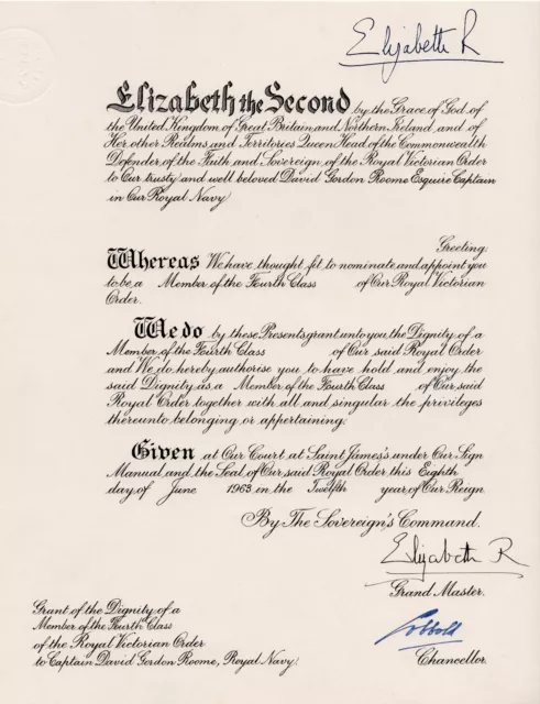 Queen Elizabeth II Hand Signed Autograph Royal Victorian Order Appointment (MVO)