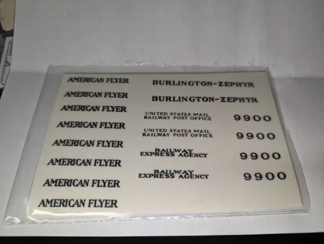 Zephyr Adhesive Decal Set American Flyer  O Gauge 1930'S