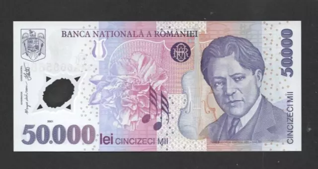 50 000 Lei Unc Polymer Banknote From  Romania 2001  Pick-113