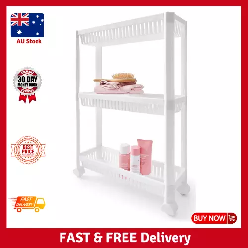 3 Tier Trolley on Wheels Kitchen Storage Cart Slim Bathroom Laundry Storage Rack