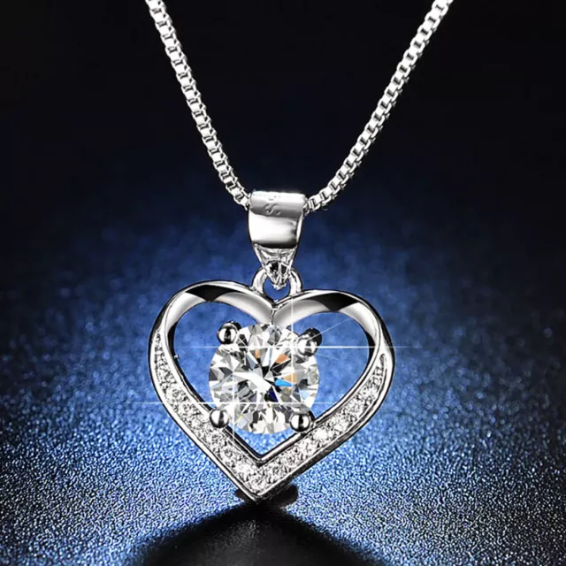 925 Sterling Silver Love Heart Cubic Zirconia CZ Pendant Crystal Necklace 18"