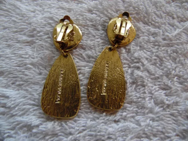 Vintage Signed Karine Sultan Womens Gold Tone Hammered Clip On Drop Earrings 2