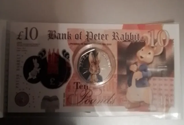 2016 uncirculated  50p peter Rabbit  With Colured Decal  On Novelty £10,note