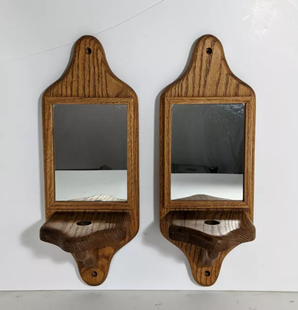 Vintage Pair of Rustic Solid Oak Wood Mirror Wall Shelves Sconces Candle Holder