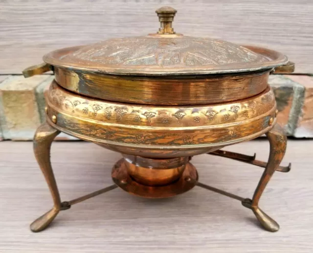 Vintage Iranian Embossed Brass Chafing Dish Pan Warmer Stand - Great Patina!