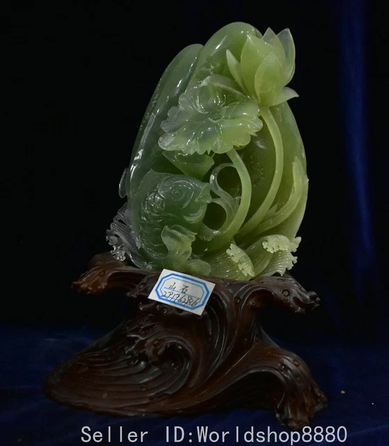 10" Chinese Natural Xiu Jade Carved Fengshui Lotus Flower Fish Statue Sculpture
