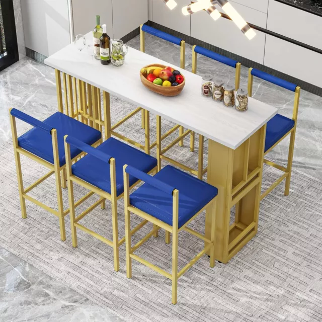 7 Piece Bar Table Set Counter Height Kitchen Table with 6 Dining Chairs Blue