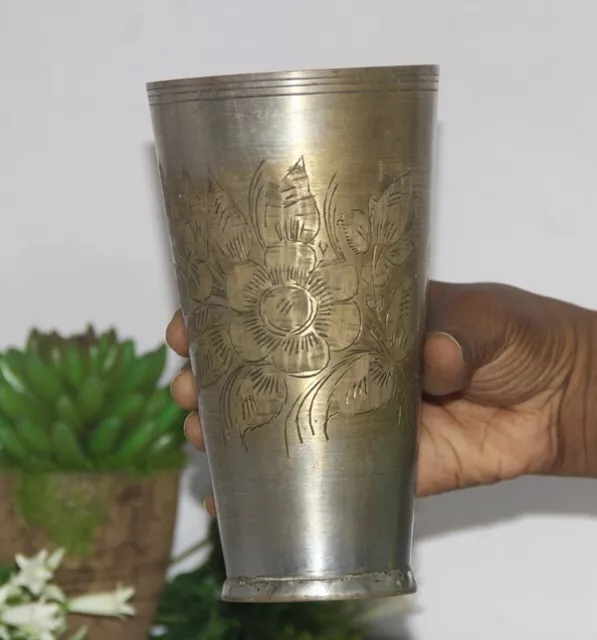 Old Brass Handcrafted Beautiful Floral Engraved Milk, Lassi Drinking Glass 8989