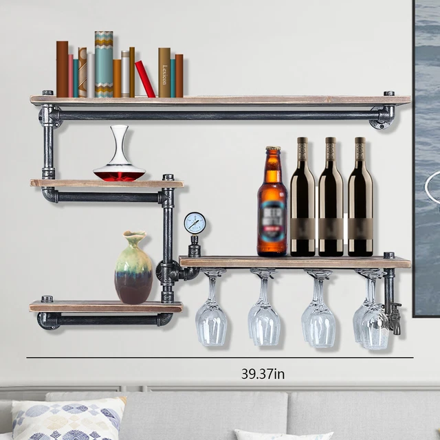 RUSTIC METAL FLOATING Bar Shelves Wall Mounted Industrial Pipe Shelf