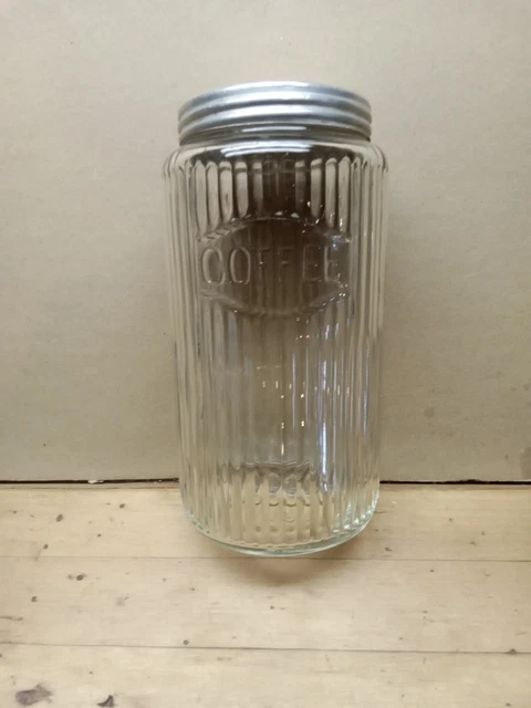 Vintage Original Hoosier Sellers Coffee Cabinet  Ribbed Glass Canister Jar & Lid
