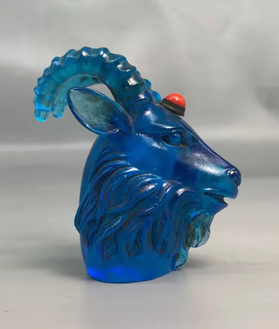 noble blue Coloured glaze handwork carved sheep goat head statue snuff bottle