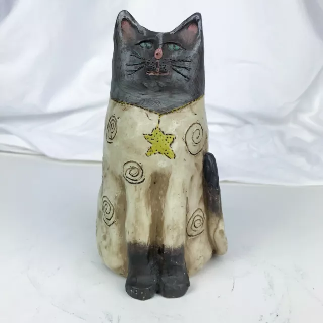 Folk Art Siamese Cat Figurine - Signed "E.R.S." Resin 6"