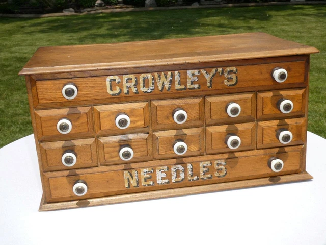 Antique Crowley's Needles 12 Drawer Spool Wood Box Display Cabinet