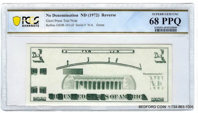 Pcgs Banknote Superb Gem Unc 68 Ppq No Date (1972) Back Giori Press Test Note