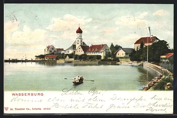 Wasserburg, Uferpartie mit Blick zur Kirche, Ansichtskarte 1903