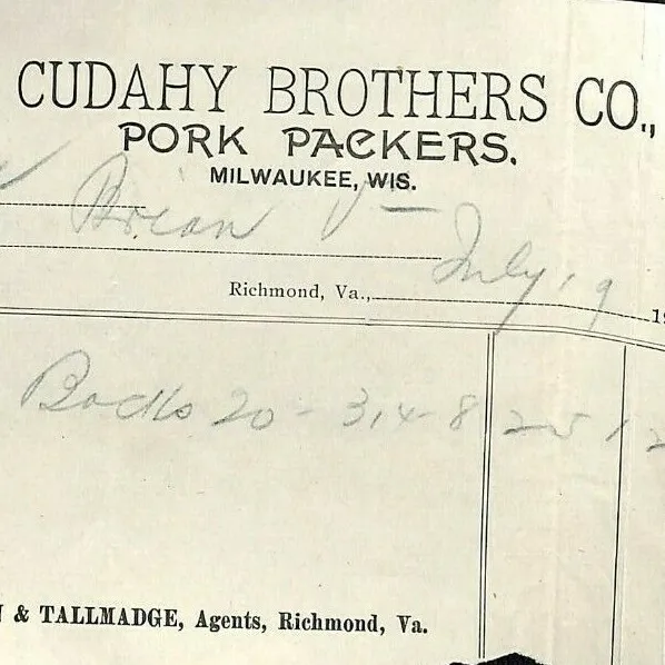Vintage Cudahy Brothers Pork Packers Milwaukee, WI Letterhead / Billhead 1907