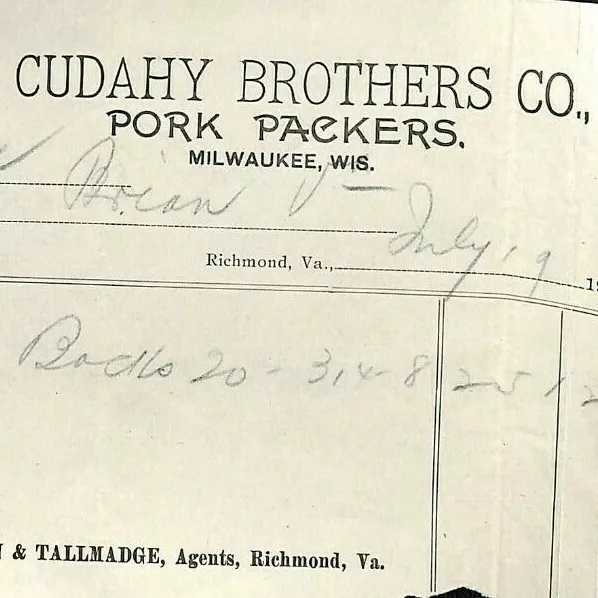 Vintage Cudahy Brothers Pork Packers Milwaukee, WI Letterhead / Billhead 1907