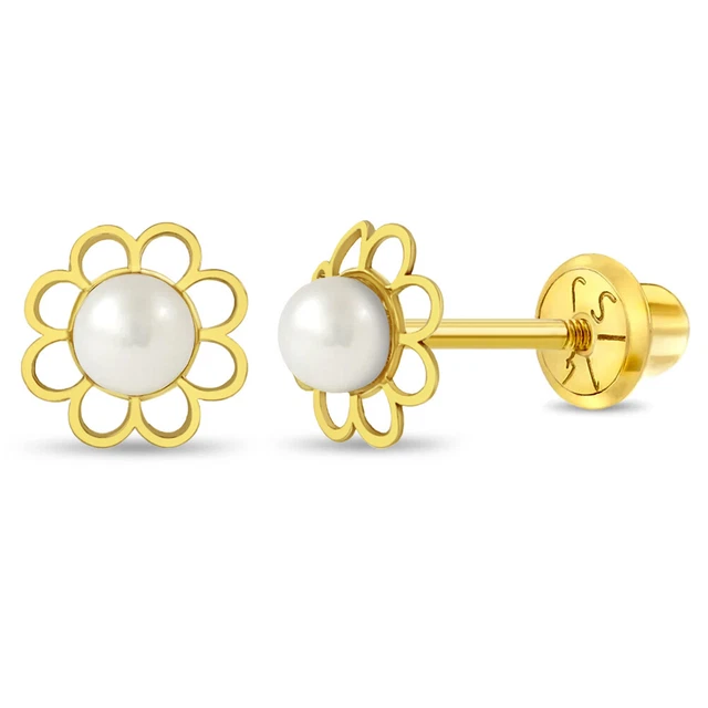 14k Yellow Gold Girl's Cultured Pearl Flower Screw Back Stud Earrings Toddlers