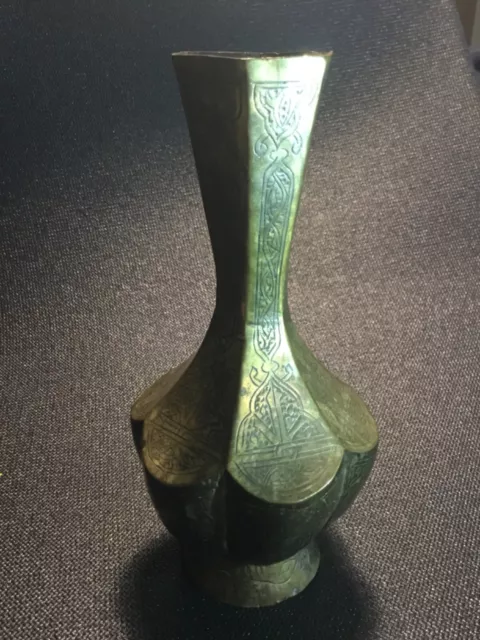 antique Syrian six-lobed Mamluk Revival brass vase , cairo ware.
