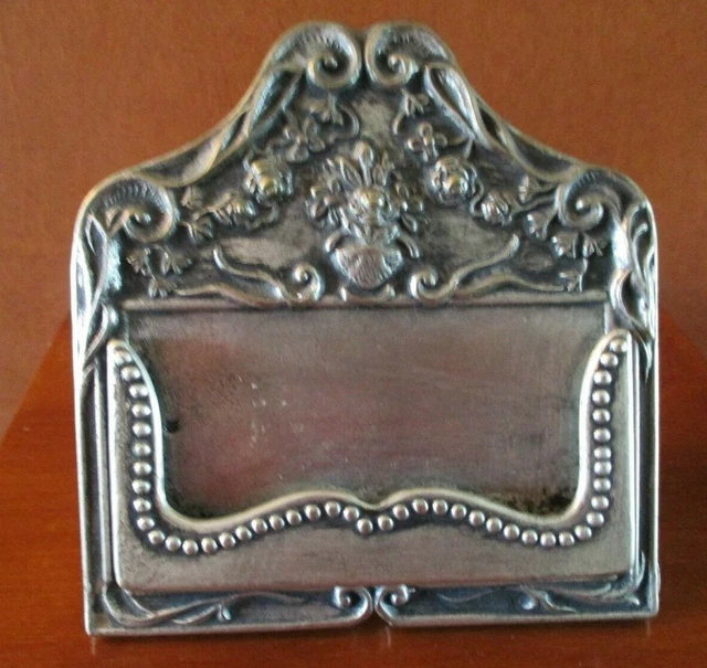Vtg. Cast Iron/Pewter Ornate Table Top Business Card Holder Easel Back